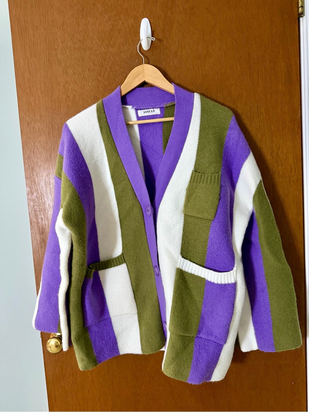 Striped Button-Front Cardigan in Olive, Purple & Cream - Picture 8 of 8